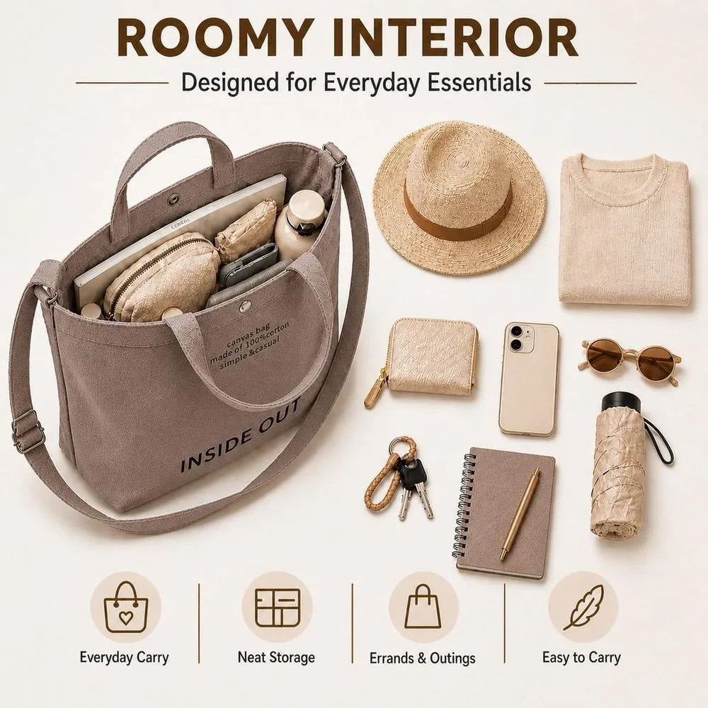 Women's Large Canvas Tote Reversible Commuter Bag with Adjustable Strap Crossbody Hand-Carry Shoulder Bag with Matching Coin Purse for Travel And Casual Use