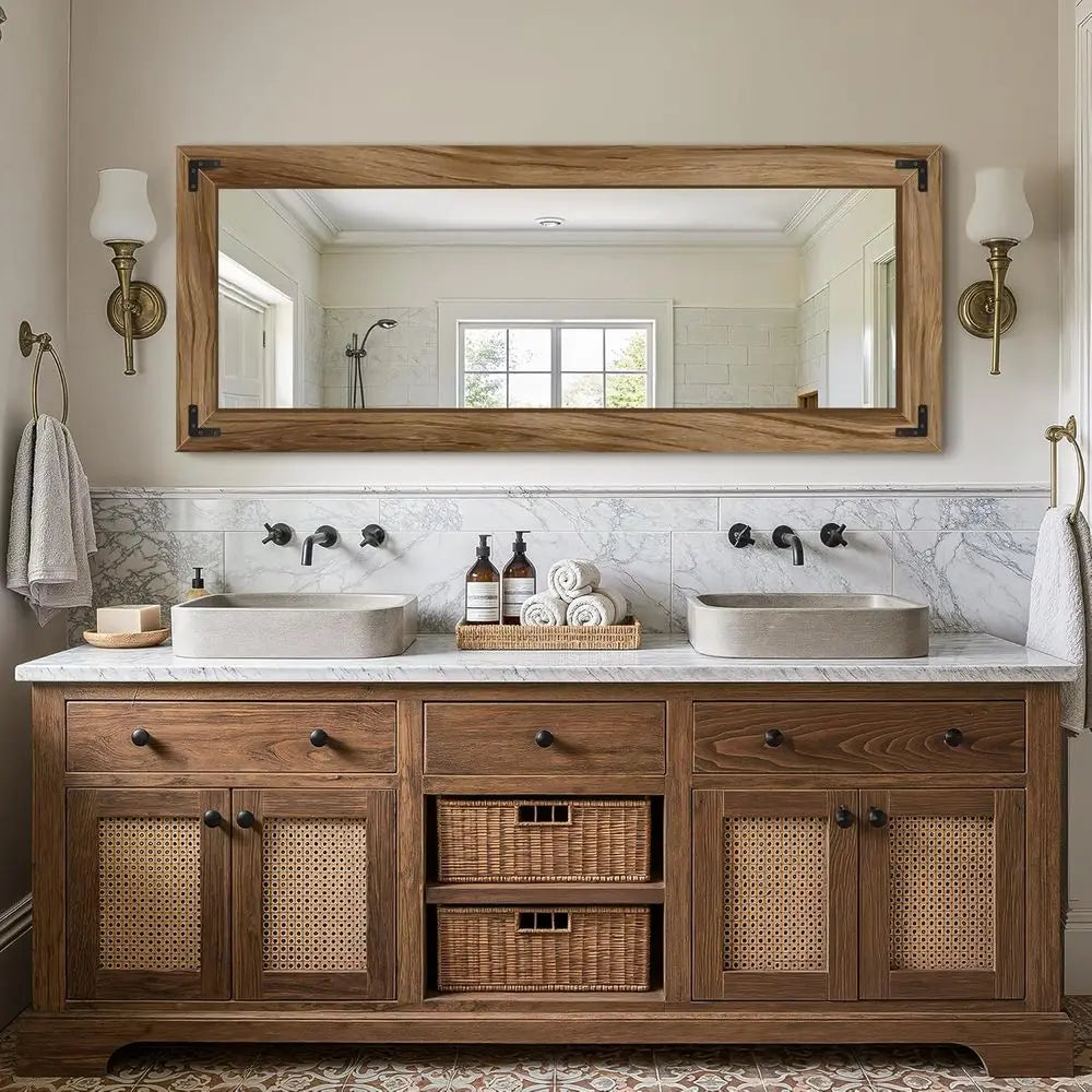 Wooden Full Length Mirror, 55"x22" Solid Wood Frame Floor Mirror, for Farmhouse, Bedroom, Living Room, Entryway Decor, Leaning o