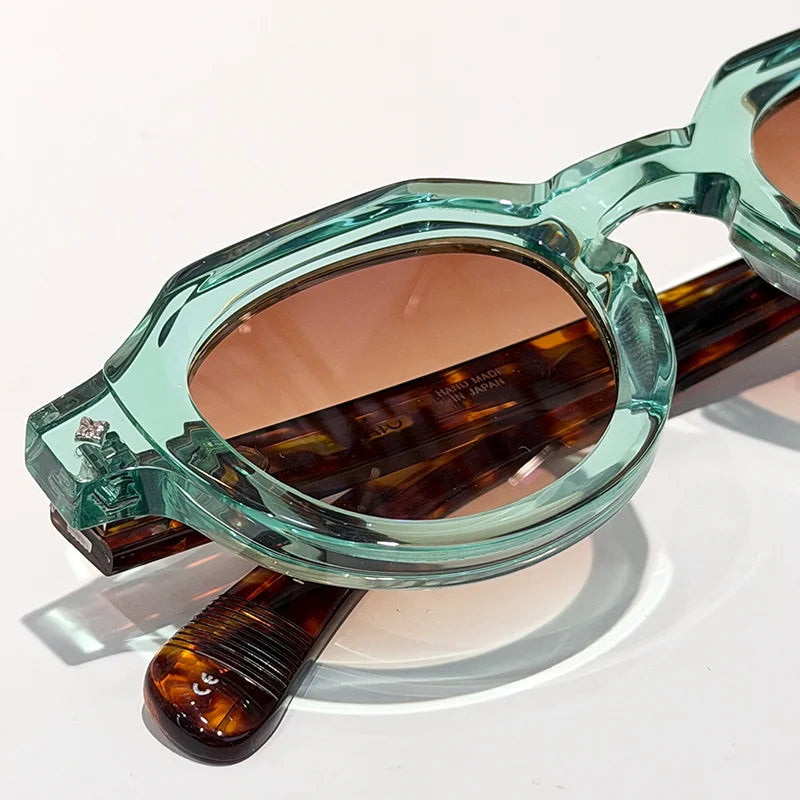 ATRIA Men's Vintage Crystal Green Special Shaped Sunglasses Designer Craft Niche Retro Thick Acetate Solar Glasses for Male