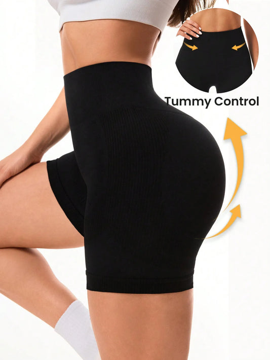 Seamless Solid Color Sports Shorts, Fashionable For Summer Workout Short High Impact Summer Yoga Shorts Sportswear Woman Gym Seamless Workout High Waist Shorts w/Tummy Control Running Fitness Leggings