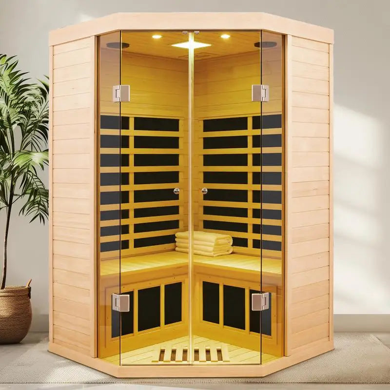 Deluxe Two Person Corner Infrared Sauna With Glass Front Hemlock