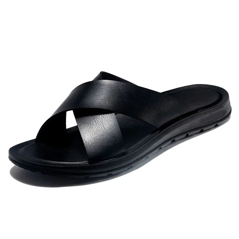 Men Shoes New  Summer Shoes Italian Leather Slippers Men High Quality Size 38-47 Beach Slip on Flats Man Flip Flops Mens Sandals