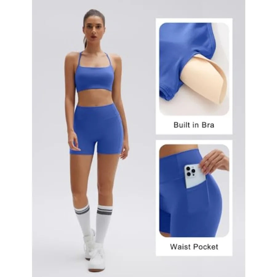 SUUKSESS Women 2 Pcs Workout Sets Padded Halter Sports Bras High Waisted Biker Shorts with Pockets