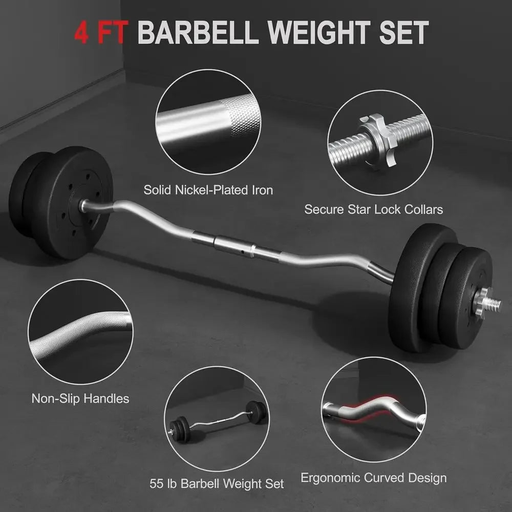 55-Pound Curling Bar Set with Weights for Home Gym Strength Training