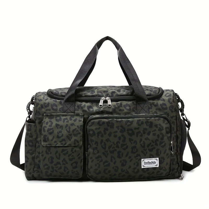 Large-Capacity Leopard Print Travel Duffel Bag – Features multiple compartments, a dedicated shoe compartment, and a spacious design suitable for overnight trips or carry-on use. A durable nylon casual sports/gym bag for wo