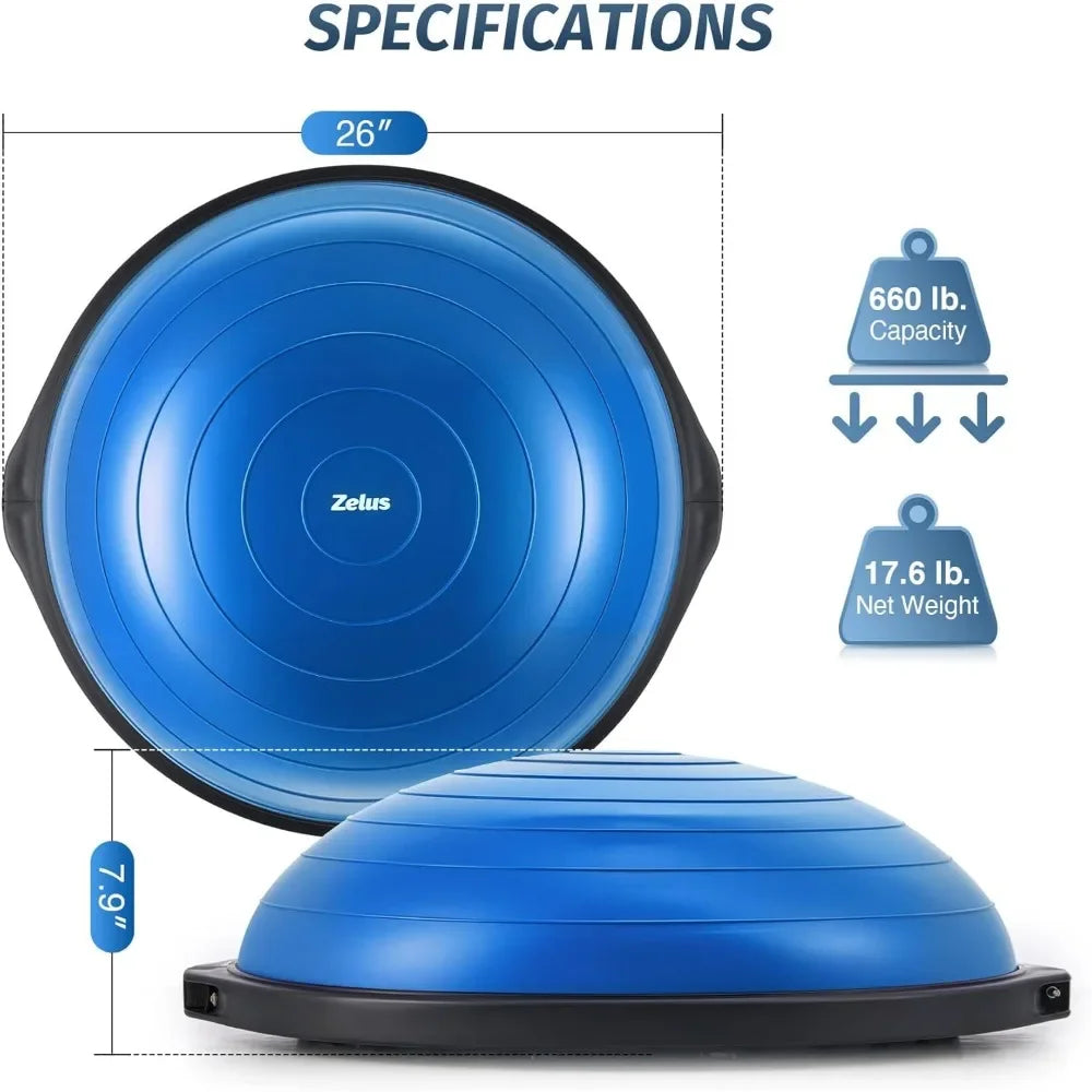 25in Inflatable Half Exercise Ball Balance Trainer 660lb Weight Limit with Nonslip Base Pump and Resistance Bands