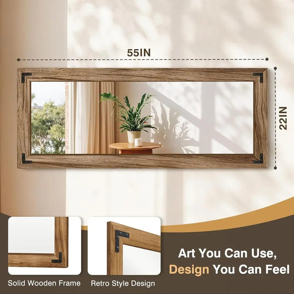 Wooden Full Length Mirror, 55"x22" Solid Wood Frame Floor Mirror, for Farmhouse, Bedroom, Living Room, Entryway Decor, Leaning o