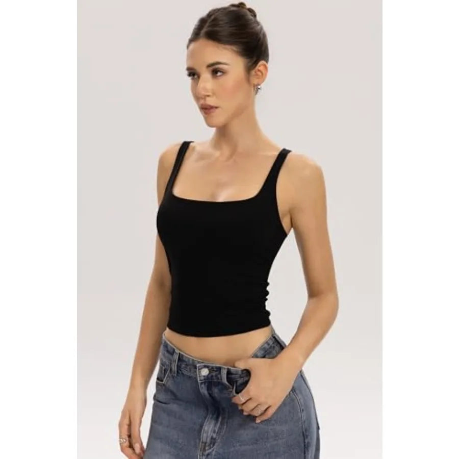 QINSEN Womens Tank Tops with Built in Bras Square Neck Double Lined Basic Sleeveless Workout Tops