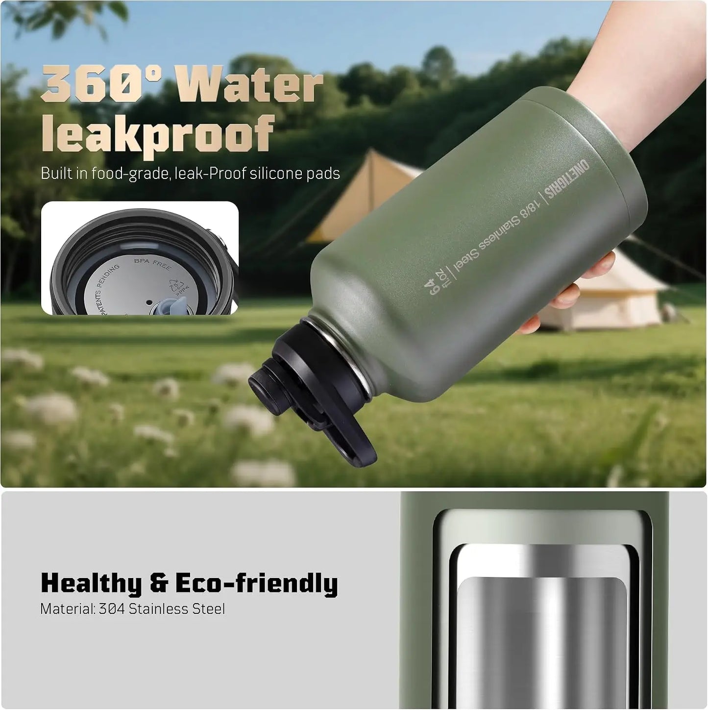 64oz Vacuum Insulated Stainless Steel Water Bottle with Straw, 3 Leakproof Lids, MOLLE Pouch & Paracord Handle for Outdoor Sports