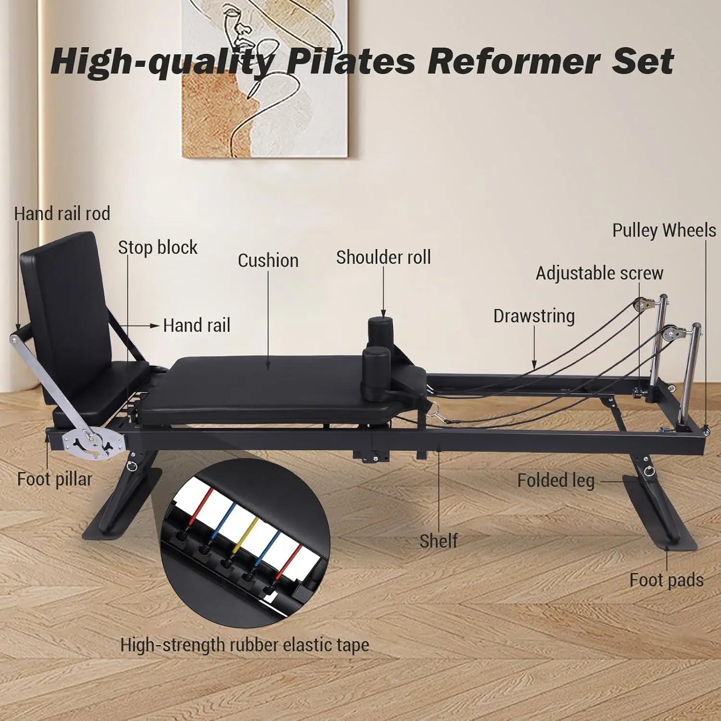 HiMISS Foldable Reformer Pilates Machine With Adjustable Heights Springs