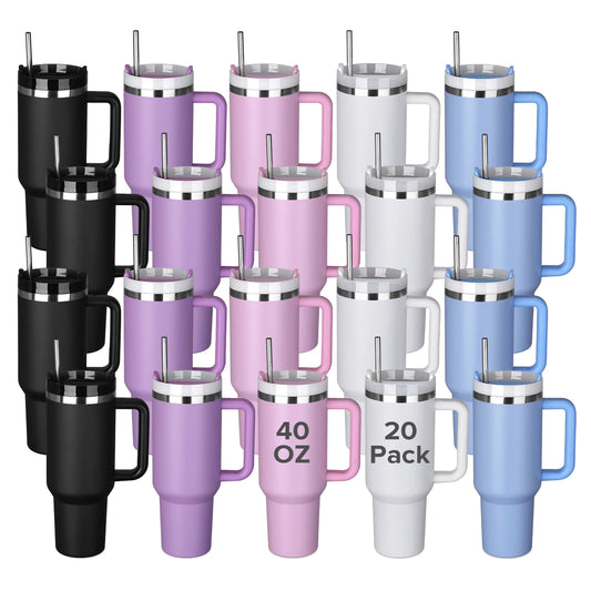 20 Pack 40 oz Stainless Steel Vacuum Tumbler with Handle and Straw,Durable Powder Coated Water Bottle,For Laser Engraving