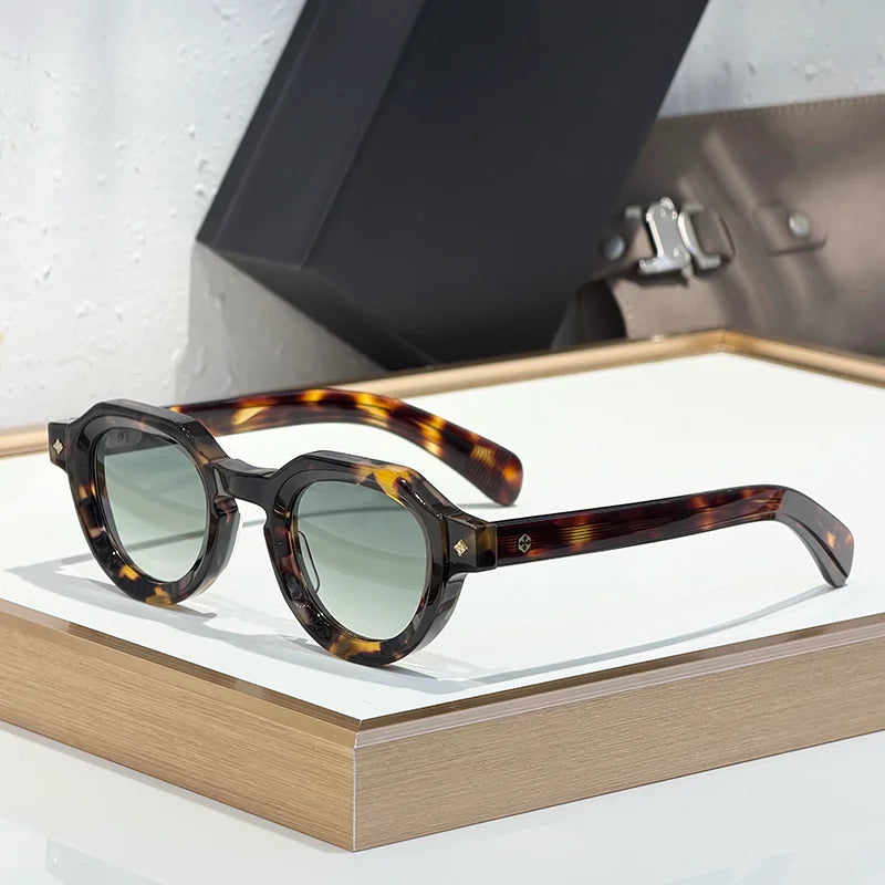 ATRIA Men's Vintage Crystal Green Special Shaped Sunglasses Designer Craft Niche Retro Thick Acetate Solar Glasses for Male