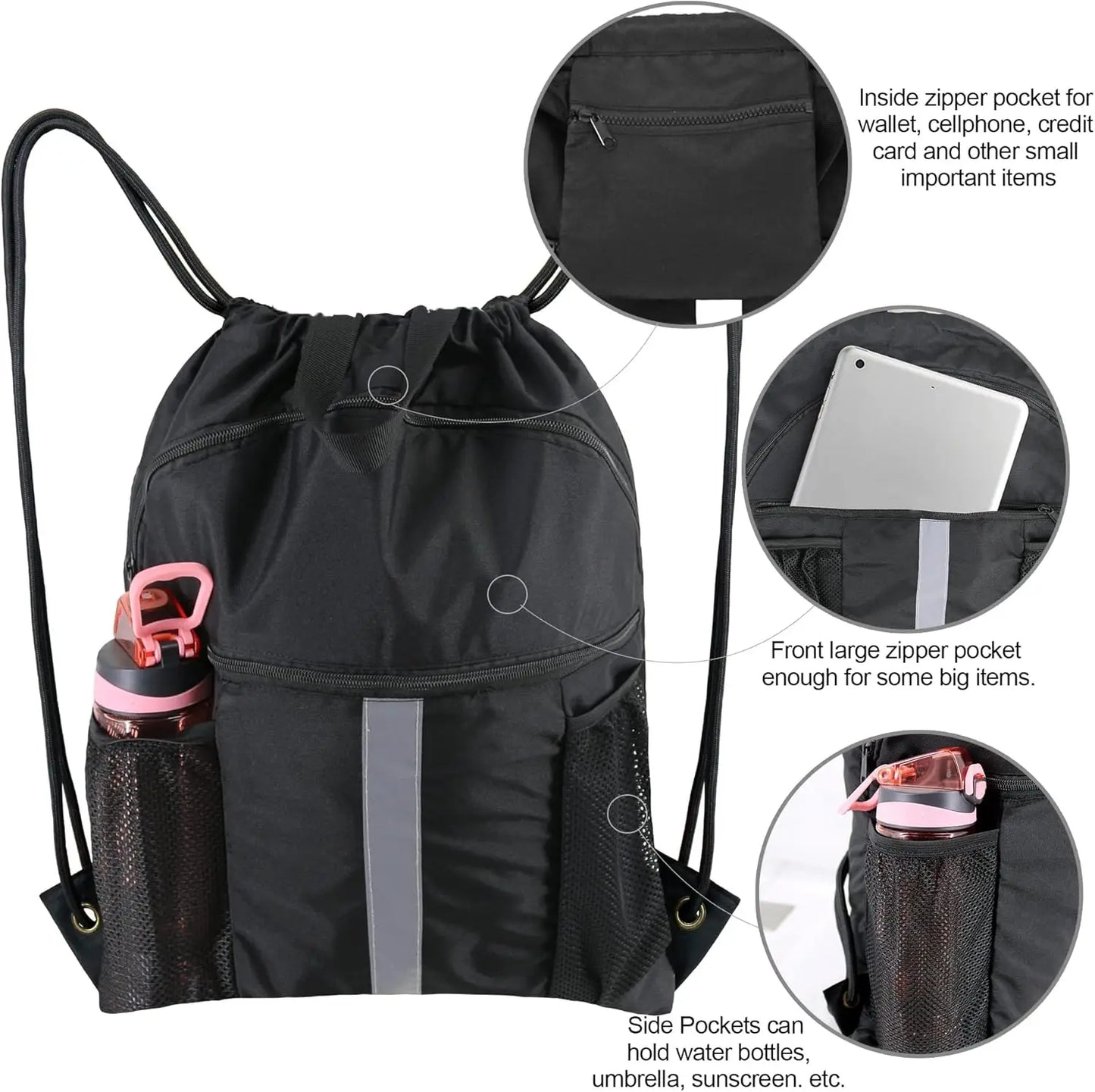 Drawstring Backpack with Shoe Compartment X-Large Black Gym Sports Cinch Bag