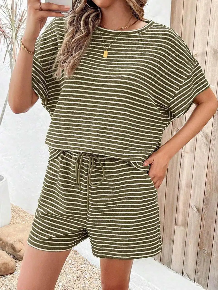 Womens Striped Two Piece Lounge Set Short Sleeve Top And Shorts