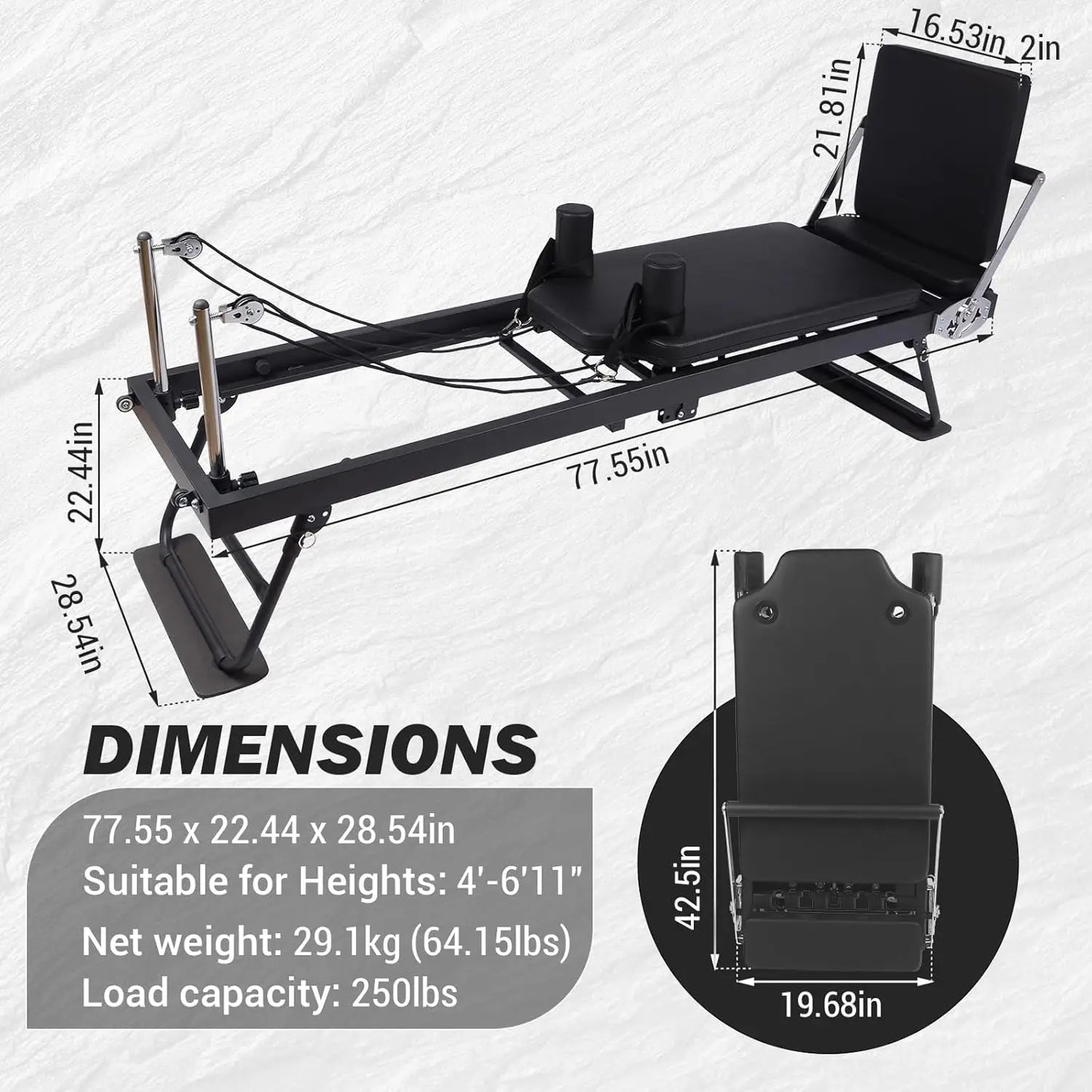 HiMISS Foldable Reformer Pilates Machine With Adjustable Heights Springs