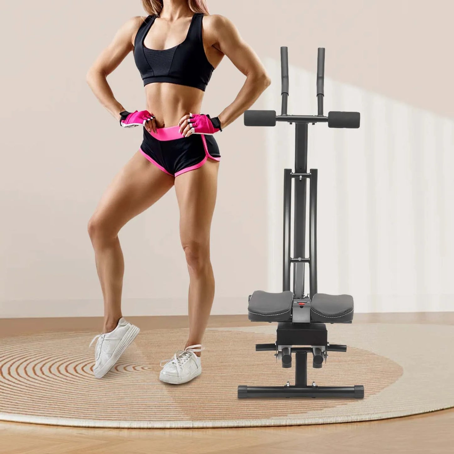 Abdominal Crunch Coaster, Height Adjustable Ab Trainer Abdominal Whole w/ LCD Monitor & Six Silent Rollers, Body Workout Machine