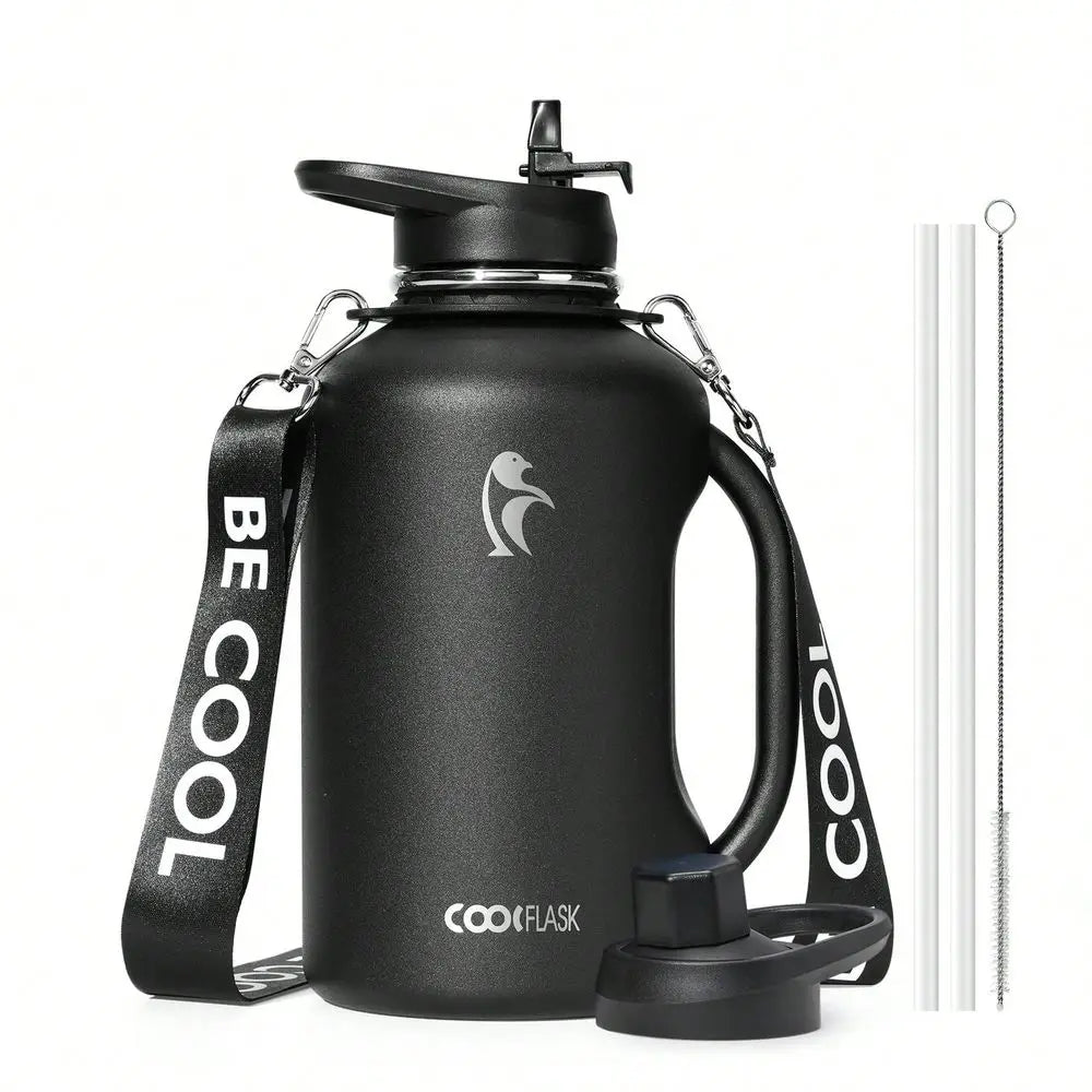 64oz Insulated Water Bottle With Handle & Strap, Stainless Steel Half Gallon Water Drinkware With 2 Lids & Straws, Lea
