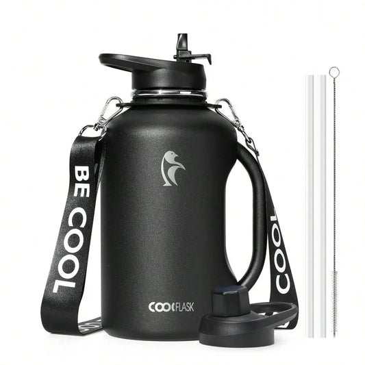 64oz Insulated Water Bottle With Handle & Strap, Stainless Steel Half Gallon Water Drinkware With 2 Lids & Straws, Lea