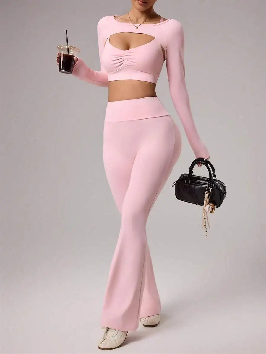 Women Sportswear Set Knit 3 Piece Cropped Top Sports Bra Flared Yoga Pants