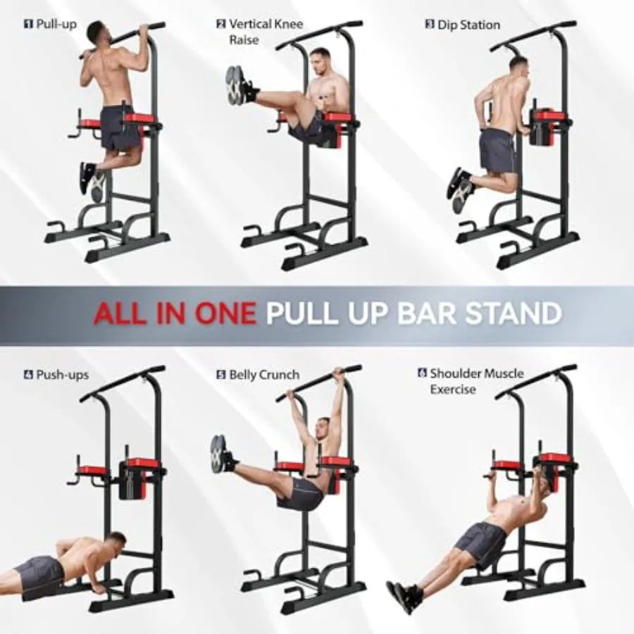 Home gym dip station pull-up bar: steel, black, adjustable height + power elastic ropes for full-body strength training