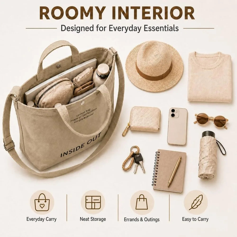Women's Large Canvas Tote Reversible Commuter Bag with Adjustable Strap Crossbody Hand-Carry Shoulder Bag with Matching Coin Purse for Travel And Casual Use