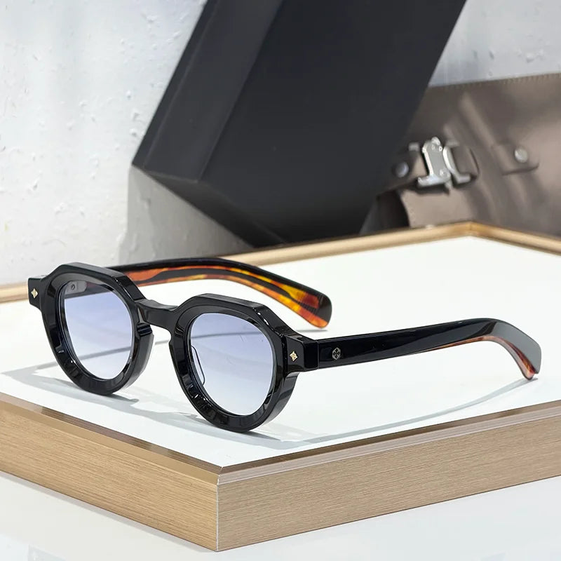 ATRIA Men's Vintage Crystal Green Special Shaped Sunglasses Designer Craft Niche Retro Thick Acetate Solar Glasses for Male