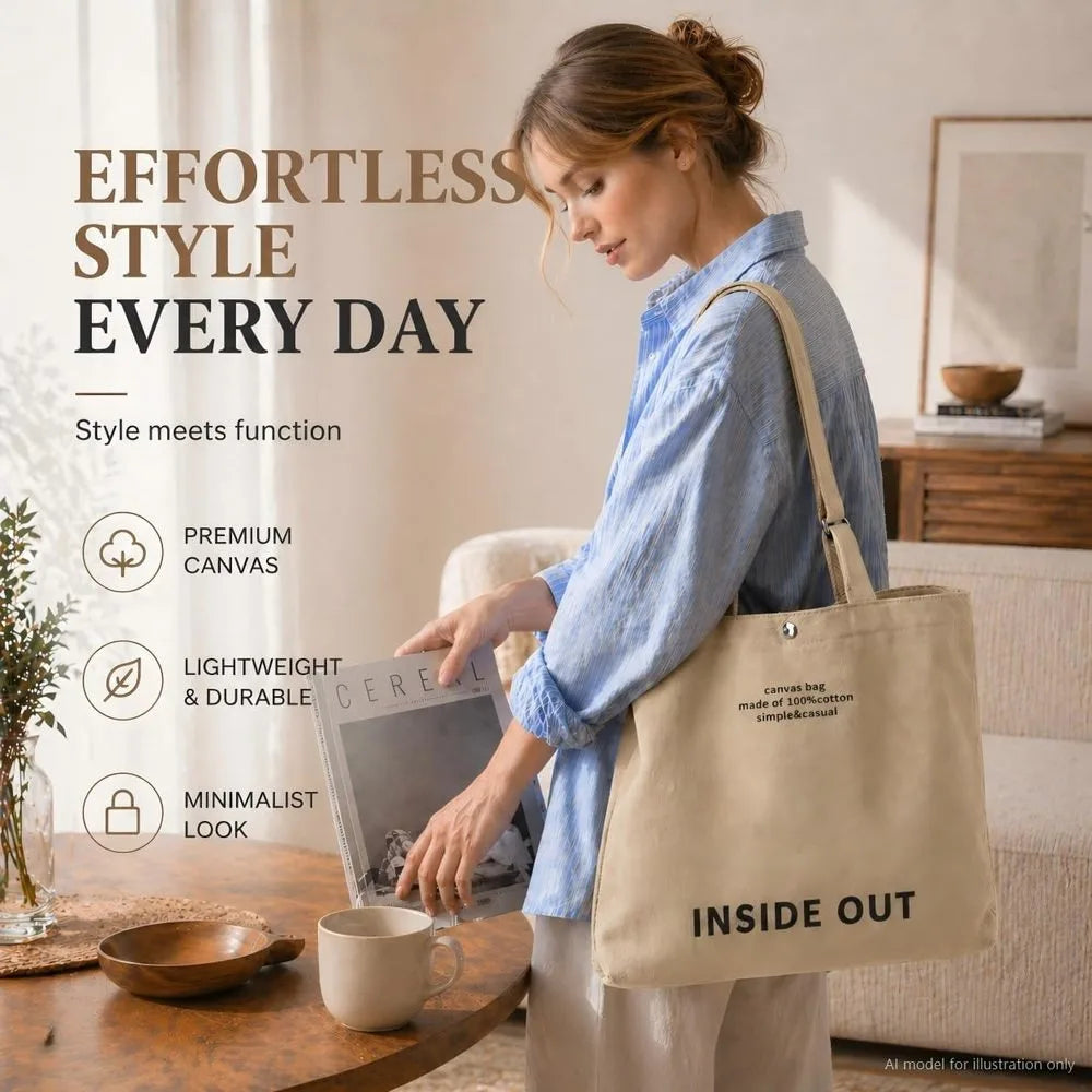 Women's Large Canvas Tote Reversible Commuter Bag with Adjustable Strap Crossbody Hand-Carry Shoulder Bag with Matching Coin Purse for Travel And Casual Use