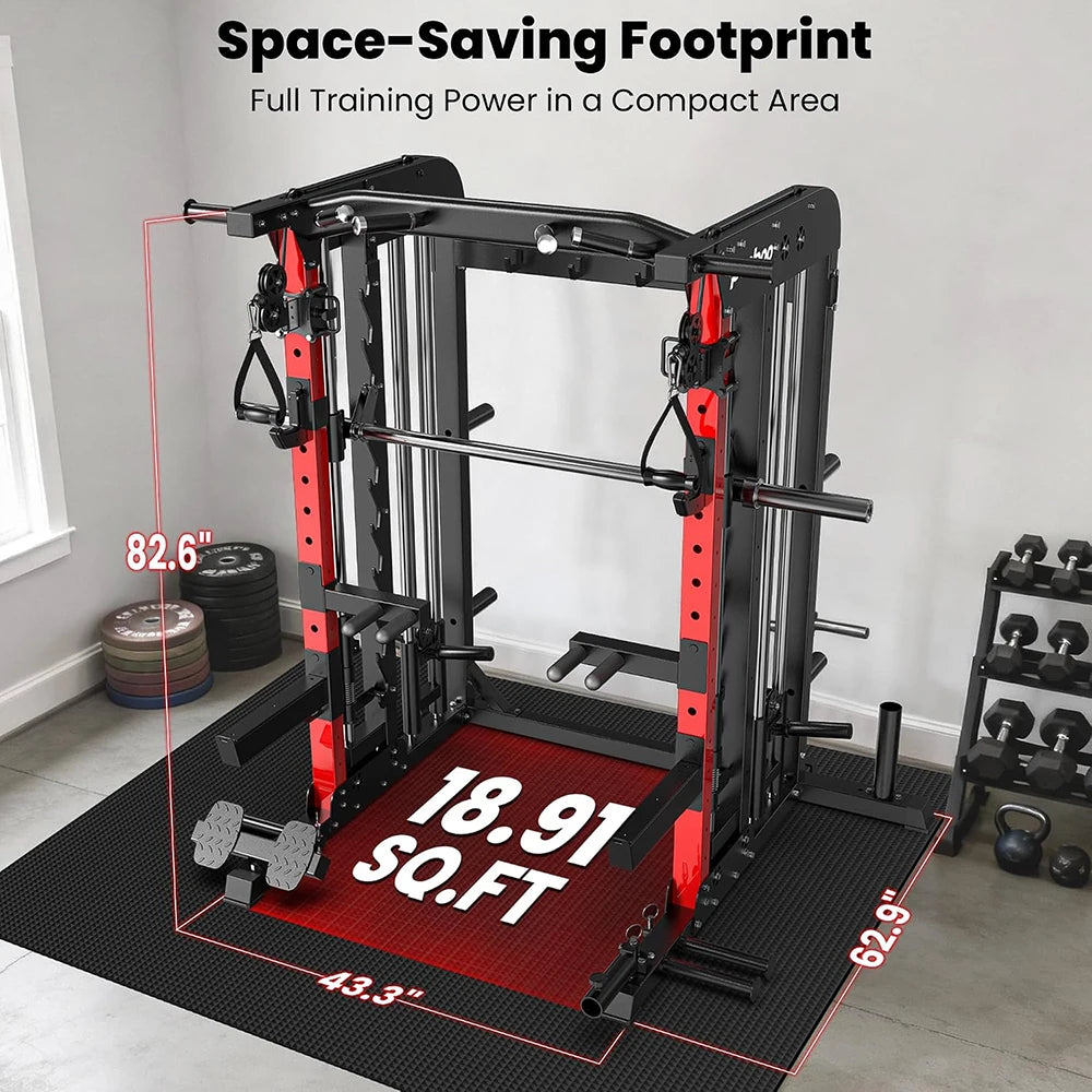 Pooboo Power Cage Smith Machine with 2000LB Squat Rack Cable System | LAT Pulldown and Dual Pulley Cable Crossover with All-in-One Home Gym Machine, Adjustable Stations and Training Attachments