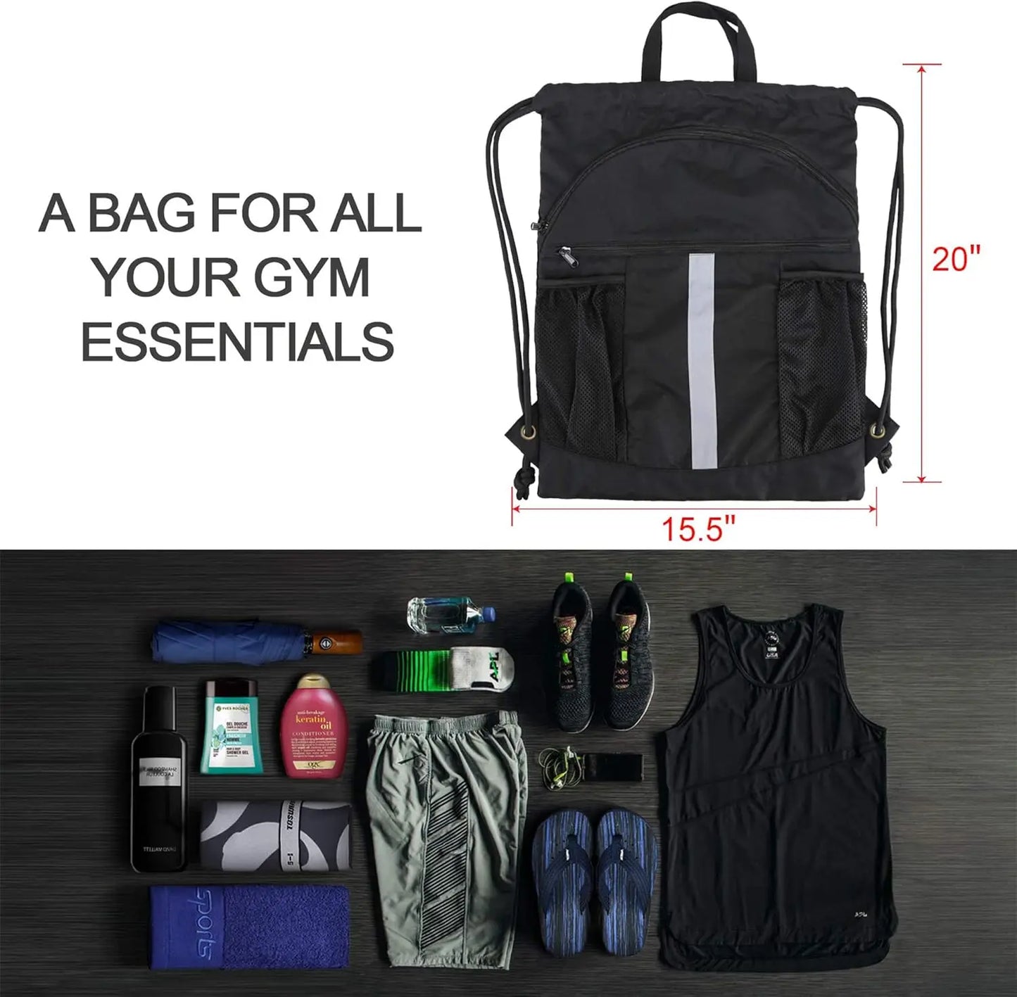 Drawstring Backpack with Shoe Compartment X-Large Black Gym Sports Cinch Bag