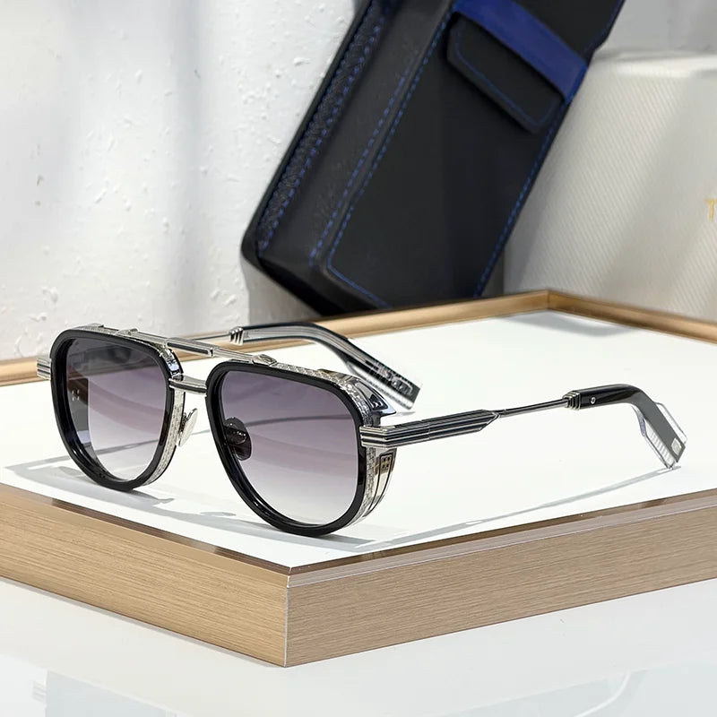 NEVERA Luxury Craft Black Sliver Double Bridge Pilot Sunglasses for Men Original High Street Top Quality Alloy Solar Glasses