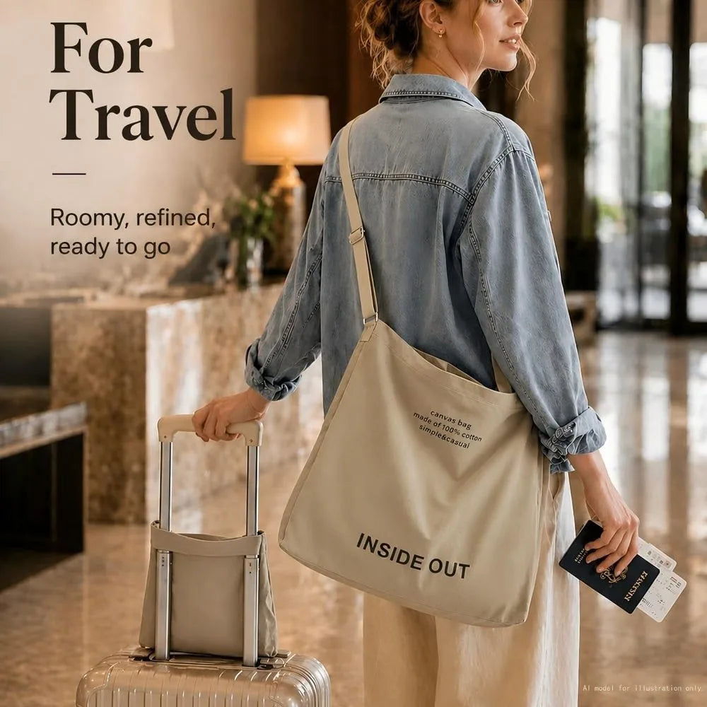 Women's Large Canvas Tote Reversible Commuter Bag with Adjustable Strap Crossbody Hand-Carry Shoulder Bag with Matching Coin Purse for Travel And Casual Use