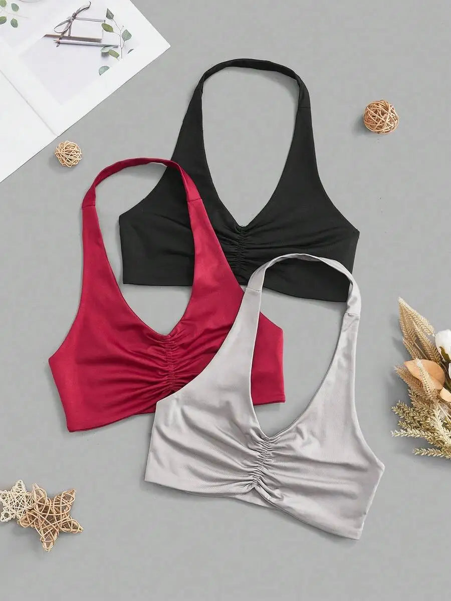 Velisys 3Pcs/Set Ruched Halter Sports Bra & Tight Fitness Camisole Set: V Neck Twist Yoga Workout Top