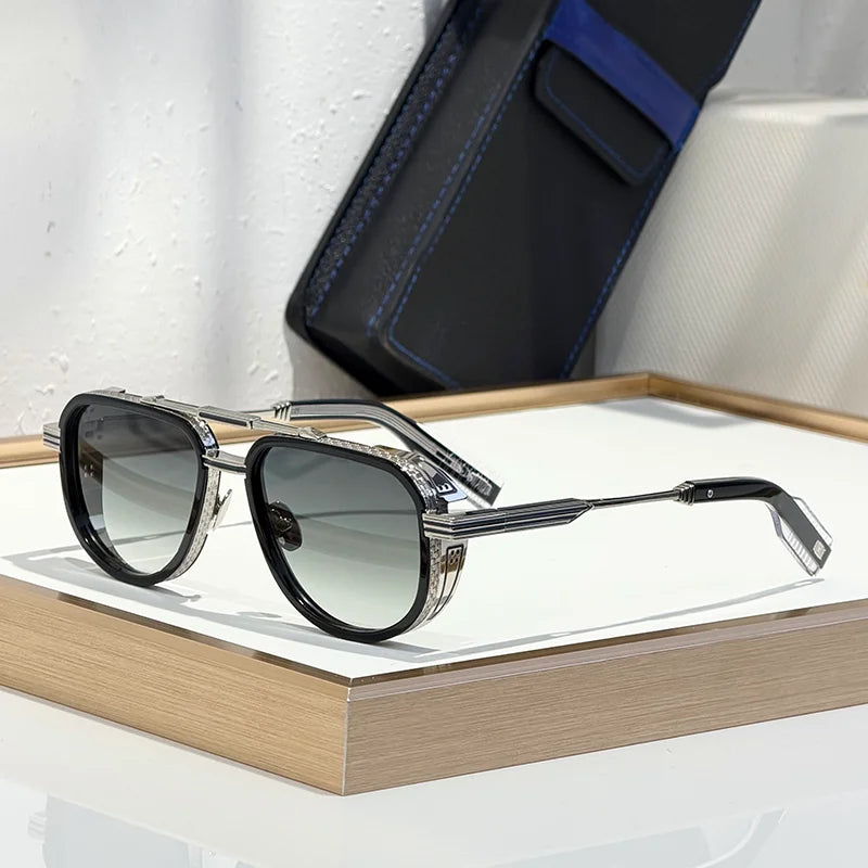 NEVERA Luxury Craft Black Sliver Double Bridge Pilot Sunglasses for Men Original High Street Top Quality Alloy Solar Glasses