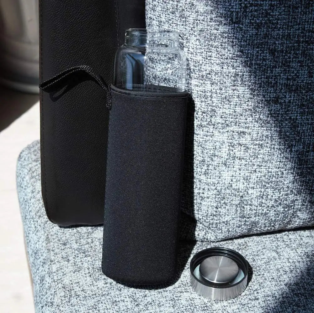 Glass Water Bottle 32 oz with Neoprene Sleeve Leak Proof Lid Reusable for Home Office