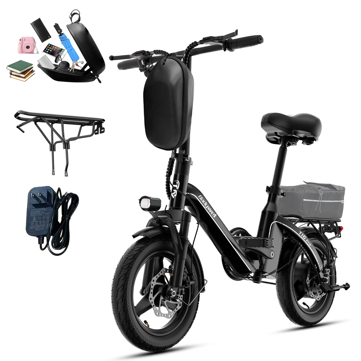 Folding Electric Bike 400W for Adults, Bodywel T16pro 36V 10Ah Long Range 30 Miles Commuter E-Bicycle, Compact Foldable ebike Dual Disc Brakes for Teens US stock