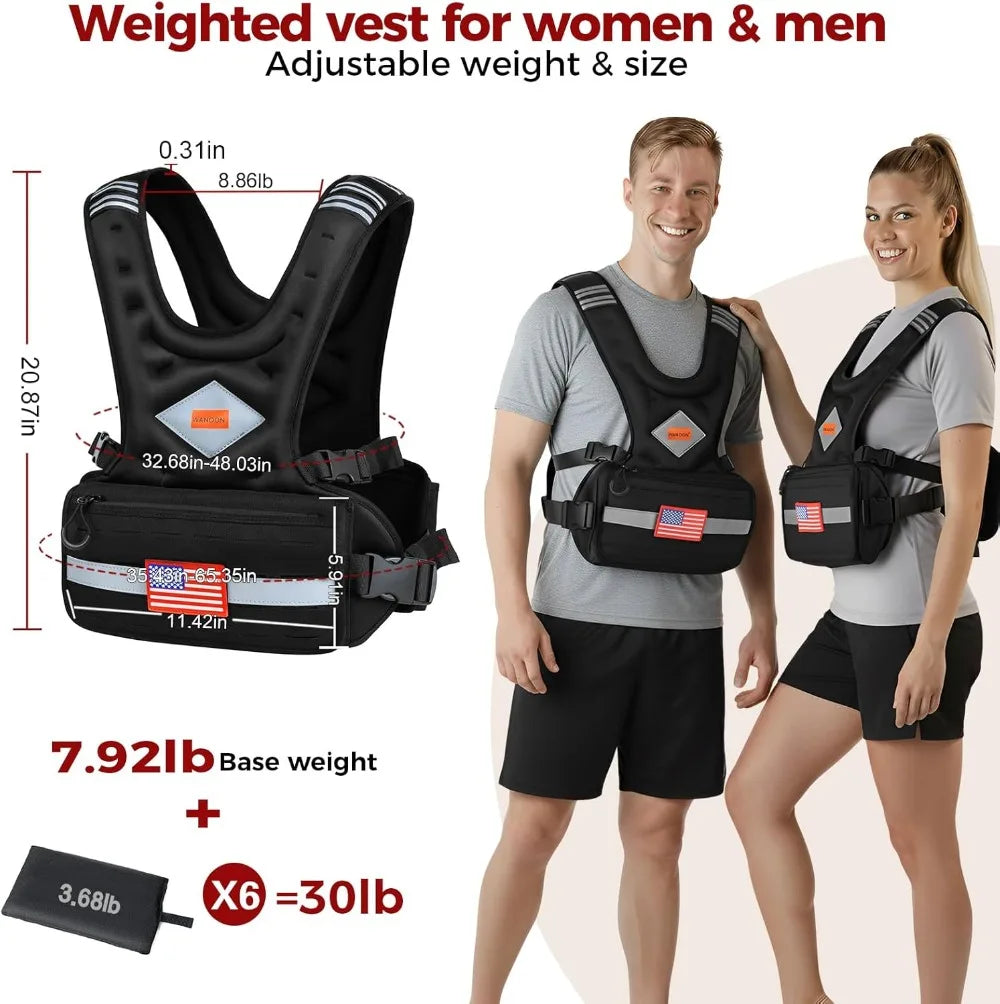 Adjustable Weighted Vest 6-30lb for Men & Women with Pockets & Reflective Strips for Walking, Running, Hiking, Workout